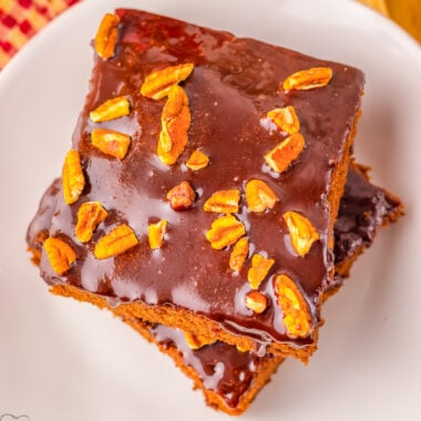 slices of Dr. Pepper sheet cake with chocolate frosting
