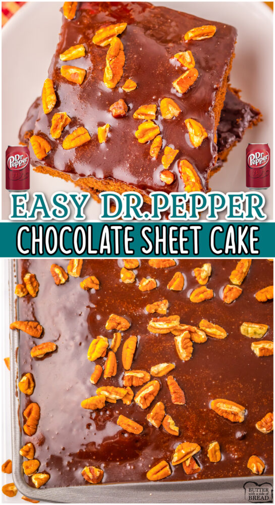 Dr. Pepper Sheet Cake made with butter, sugar, eggs & flavored with Dr. Pepper & cocoa powder for a rich, chocolaty cake with fabulous Dr. Pepper flavor!