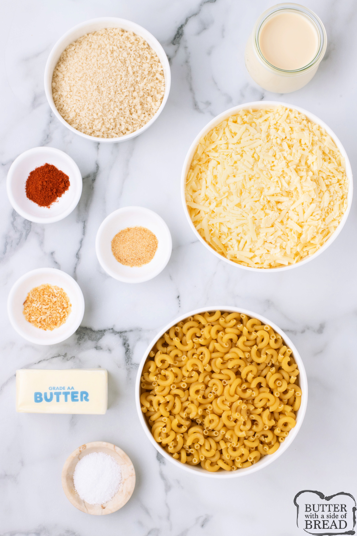 Ingredients in Mac and Cheese Bites recipe.