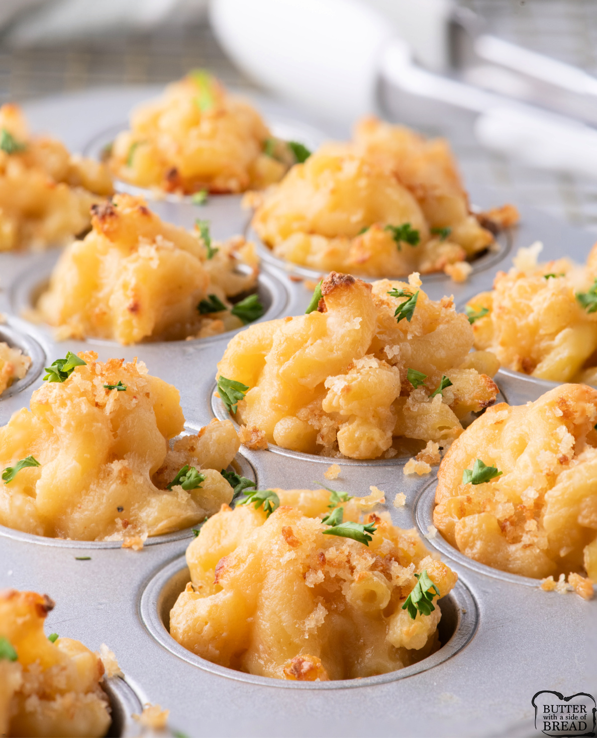 Mac and cheese bites baked in a mini muffin tin.