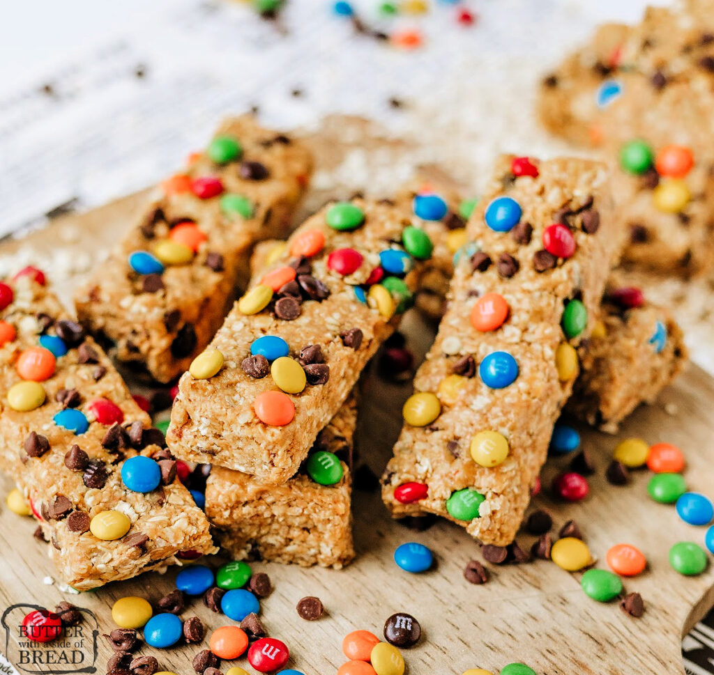 No-Bake Monster Cookie Granola Bars made with oats, peanut butter, honey, chocolate chips, and M&Ms. Easy, chewy, and delicious!