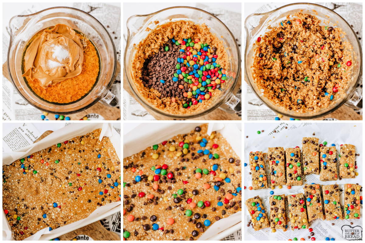 Step by step instructions for making no-bake granola bars.