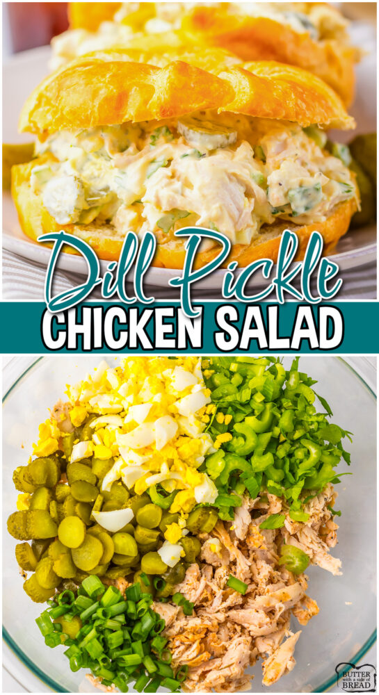 Everything we love about Chicken Salad with Dill Pickles added! Tender chicken, hard boiled eggs, celery and plenty of dill pickles tossed with a tangy dill dressing for the perfect sandwich!