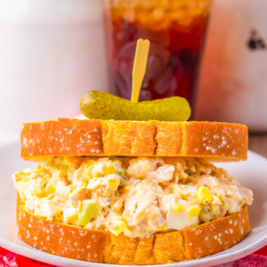 old fashioned southern chicken salad sandwich on wheat bread with a pickle