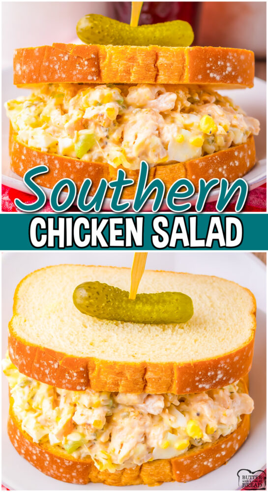 Old Fashioned Southern Chicken Salad made with tender chicken and hard boiled eggs in a tangy dressing! Classic recipe perfect for lunch!