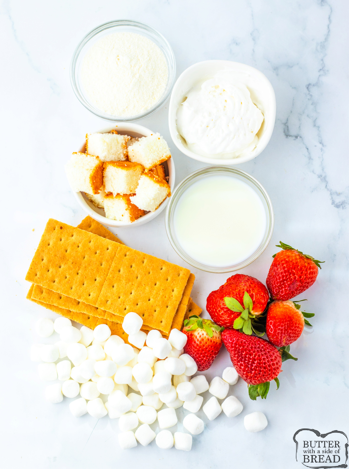 Ingredients in Strawberry Shortcake Fluff Salad recipe.