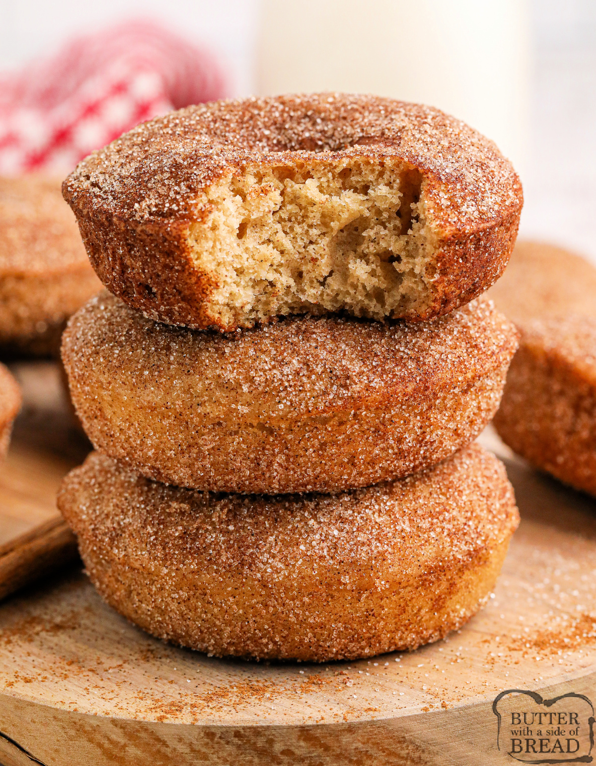 Stack of baked Cinnamon Donuts.