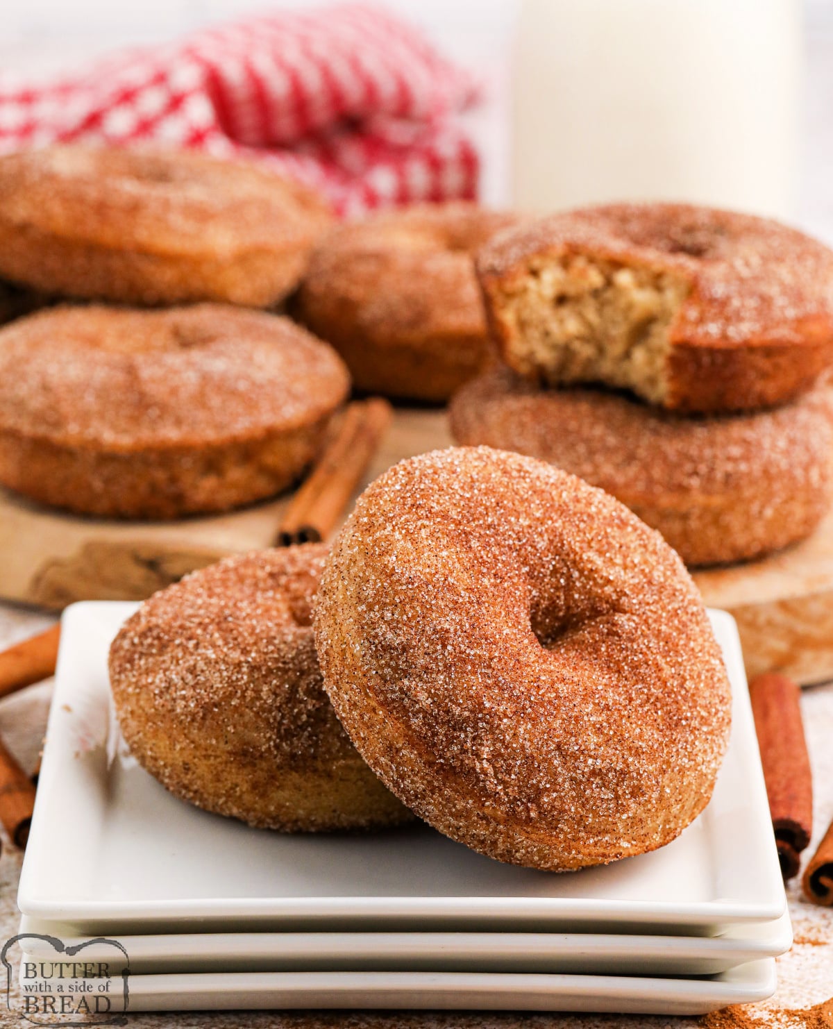 Plate with baked cinnamon spice donuts.