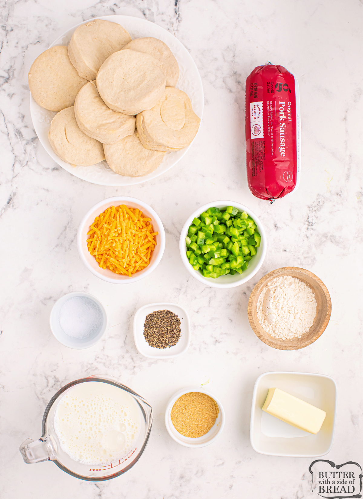 Ingredients in Biscuits and Gravy Casserole.
