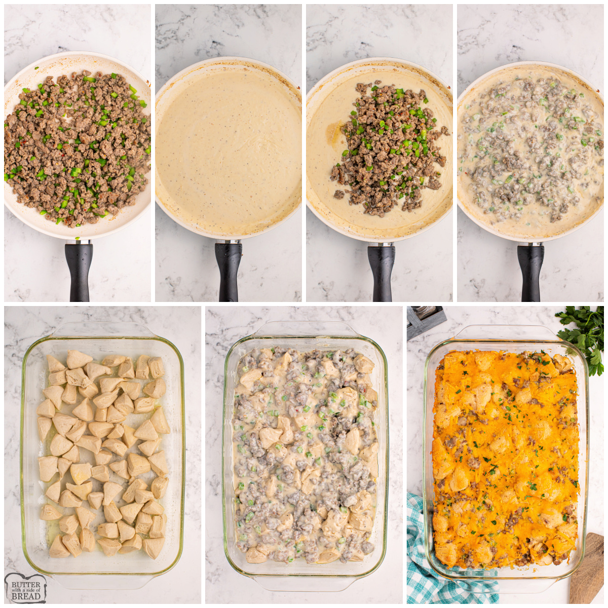 Step by step instructions on how to make Biscuits and Gravy Casserole.