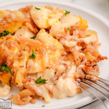 plate of hash brown casserole with chicken