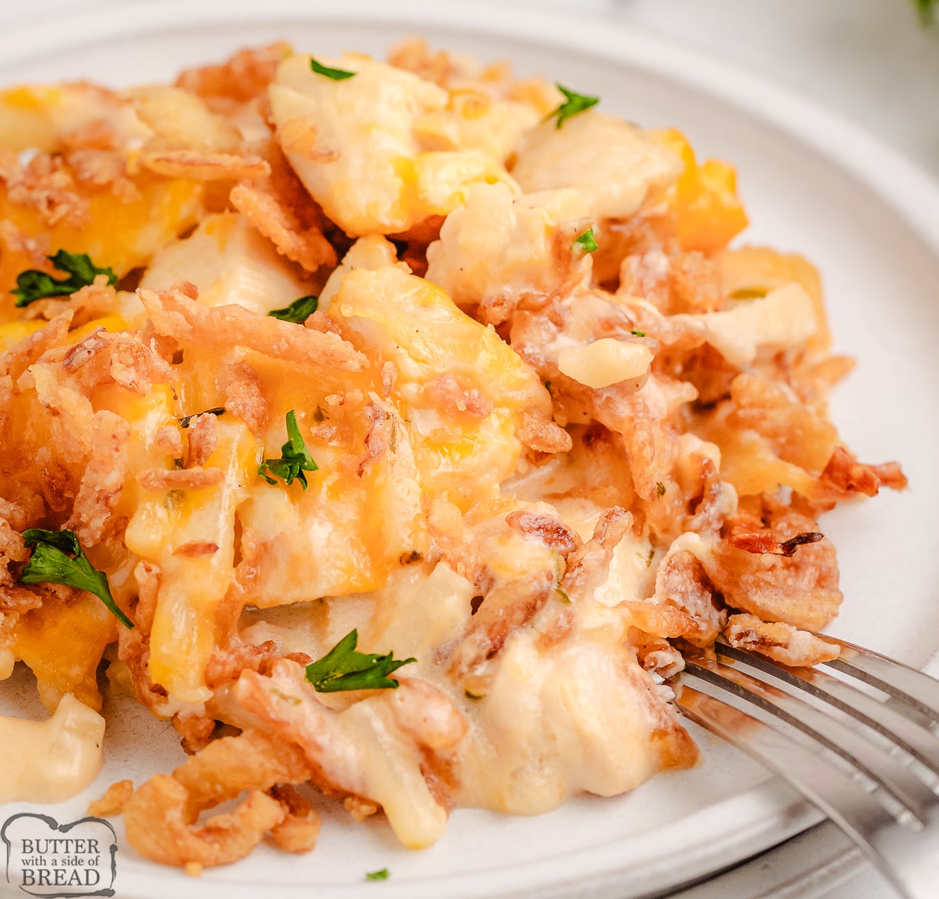 plate of hash brown casserole with chicken