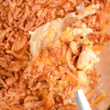 cheesy chicken hash brown casserole in a baking dish