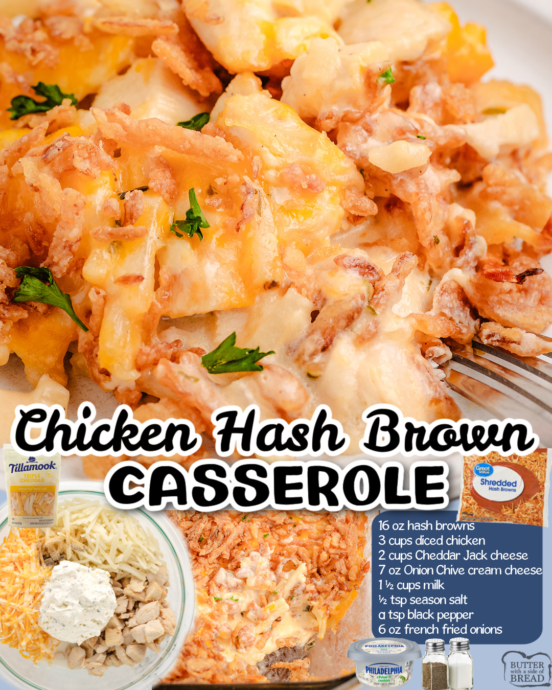 Cheesy Chicken Hash Brown Casserole made with diced chicken, frozen hash browns, 2 types of cheese, milk & topped with crispy fried onions! Perfect chicken casserole for dinner!