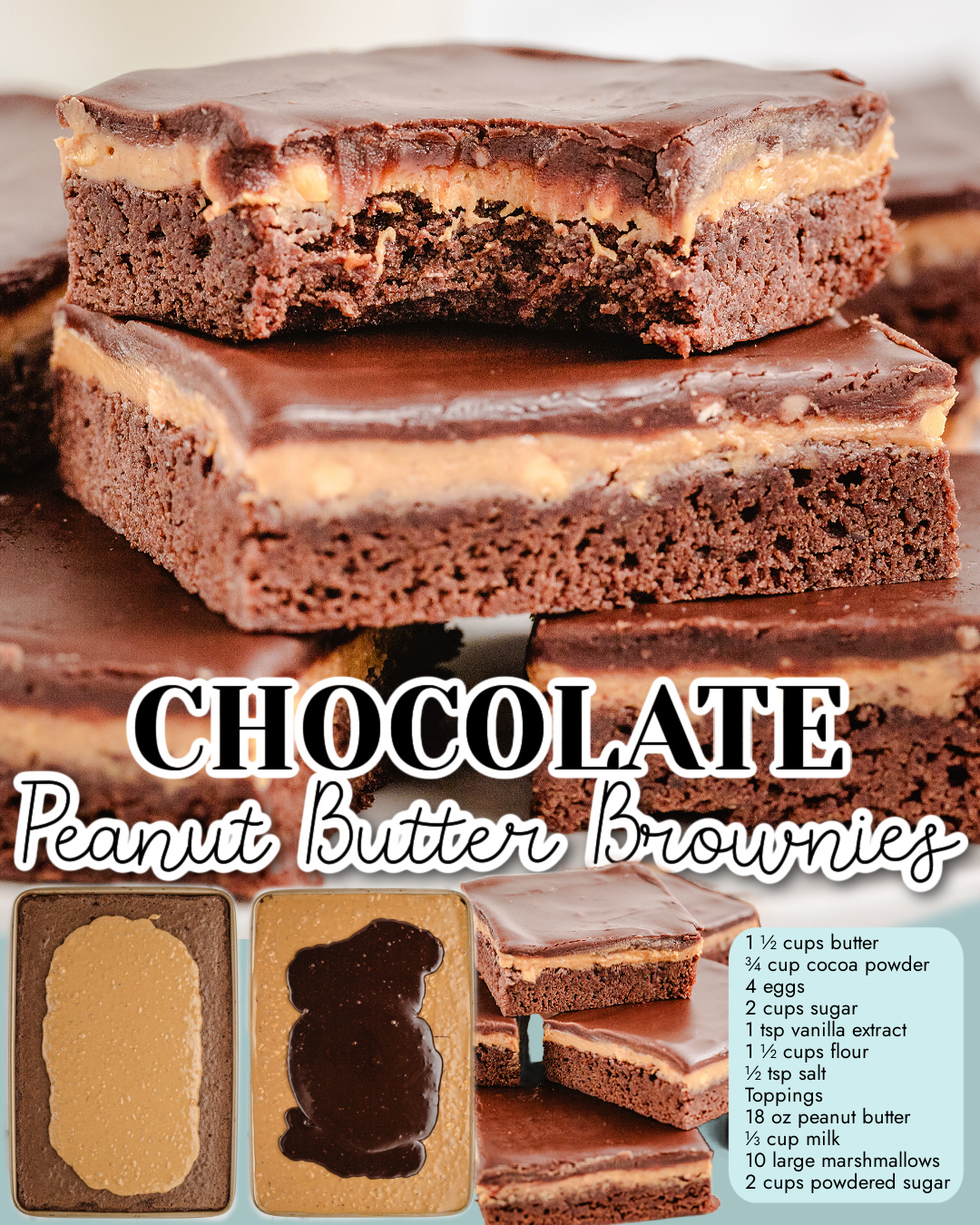Decadent Chocolate Peanut Butter Brownies made with butter, cocoa powder, sugar & chunky peanut butter, then topped with more peanut butter & a chocolate marshmallow icing!