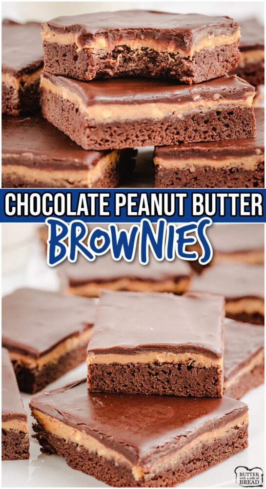 Decadent Chocolate Peanut Butter Brownies made with butter, cocoa powder, sugar & chunky peanut butter, then topped with more peanut butter & a chocolate marshmallow icing!