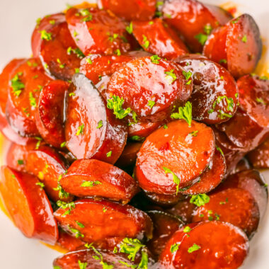 Dr. pepper smoked sausage bites on a plate