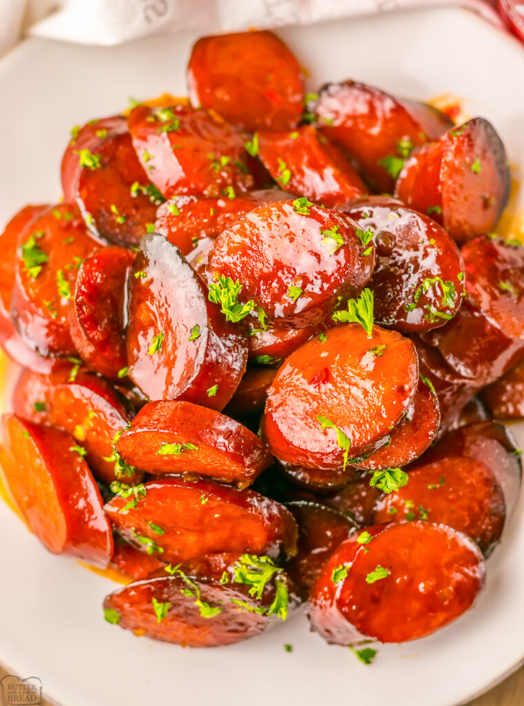 Dr. pepper smoked sausage bites on a plate