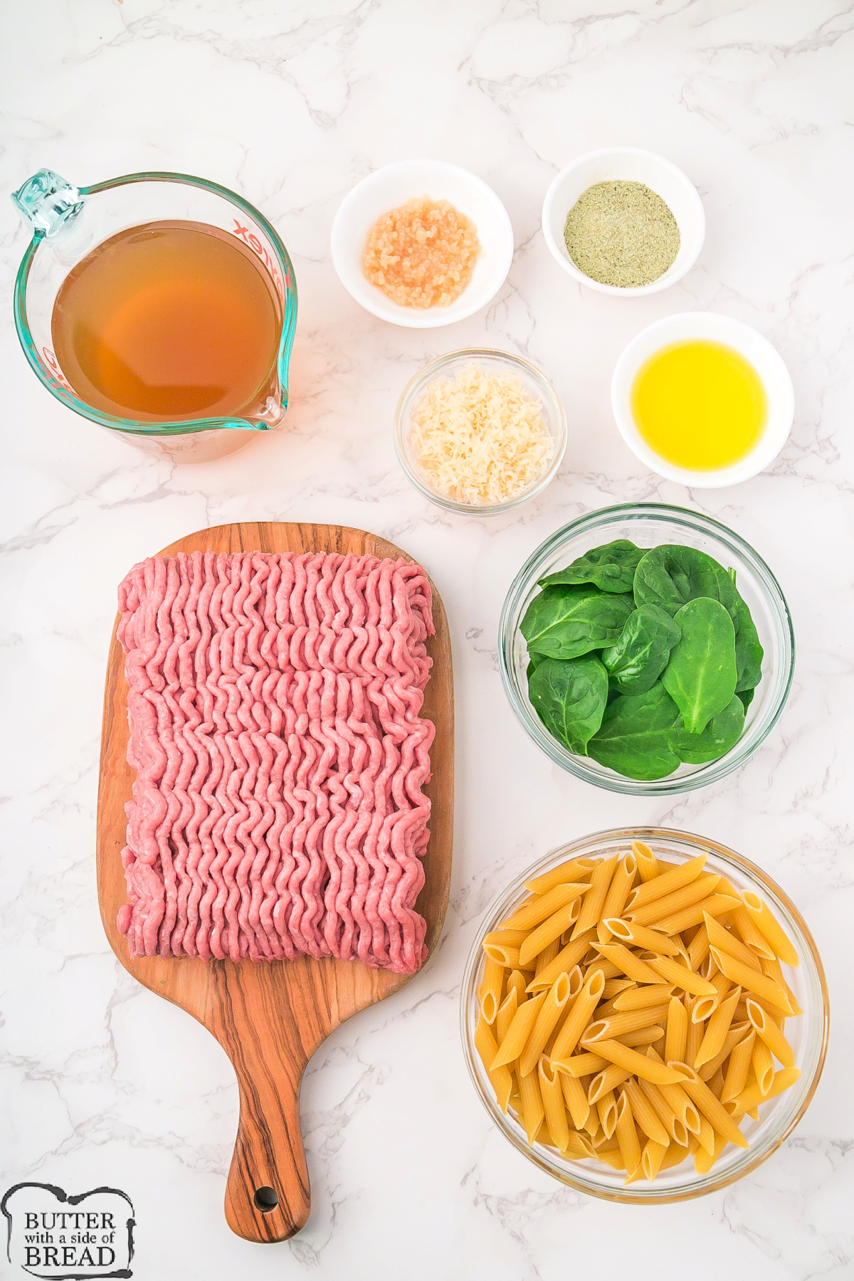 Ingredients in Ground Turkey Pasta Skillet recipe.