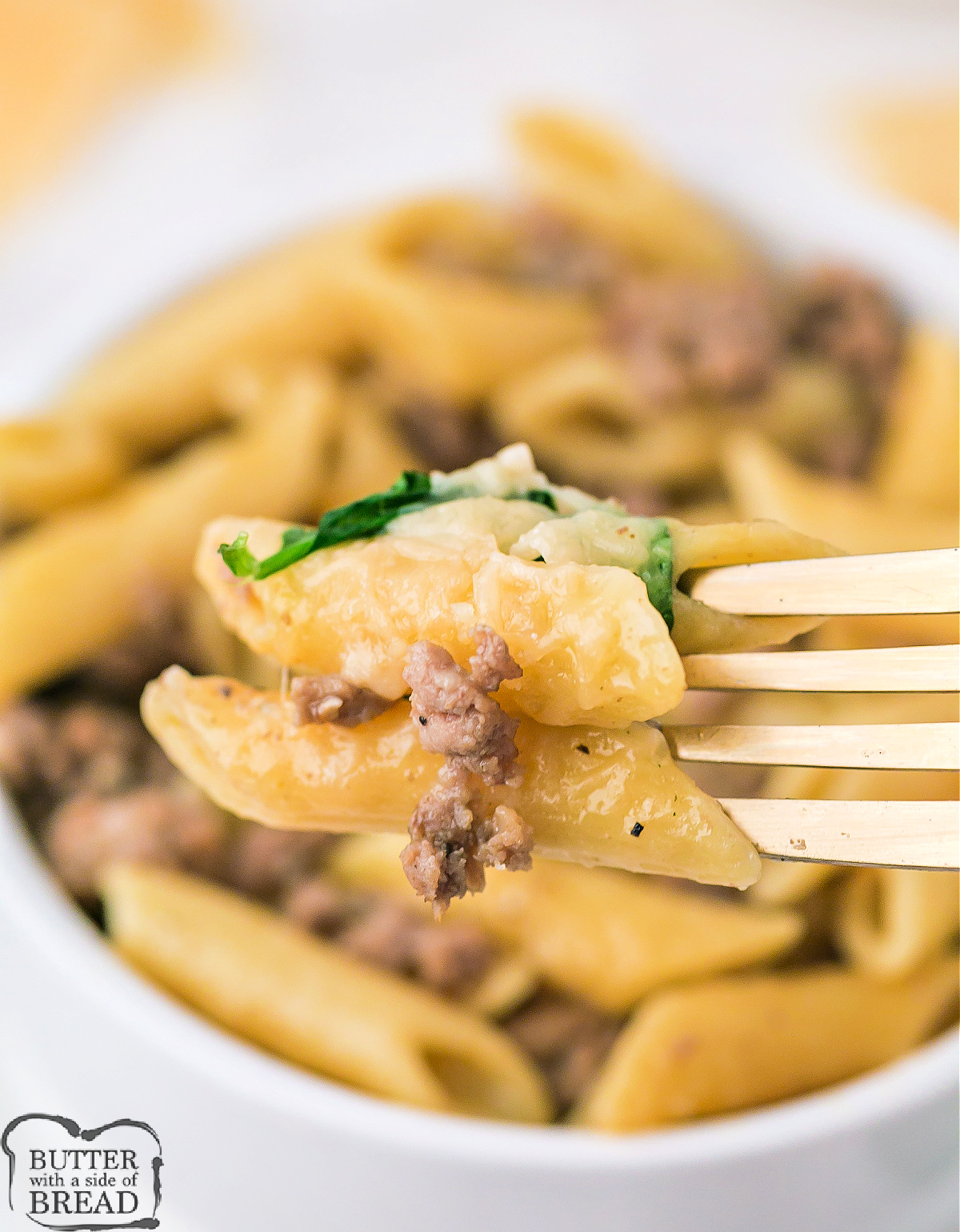 Pasta made with ground turkey, spinach, and Greek seasoning.