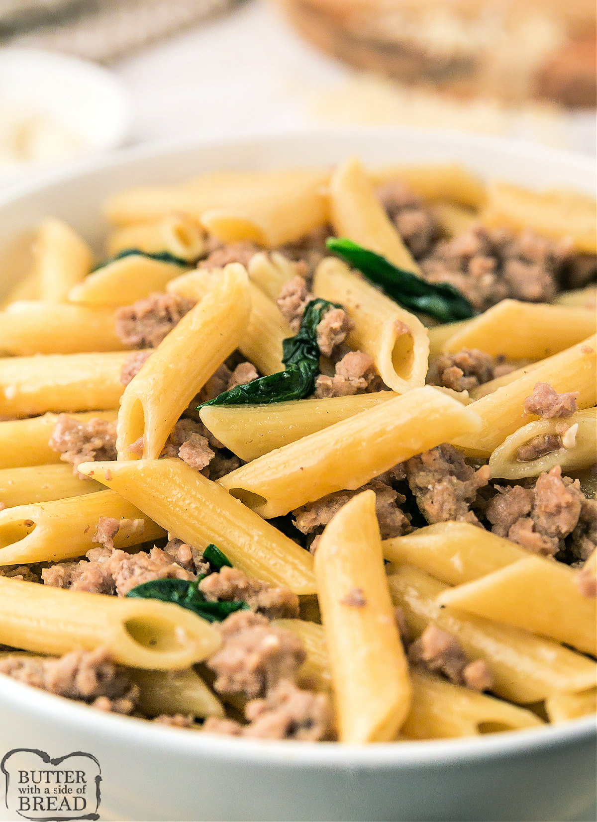 One-pot pasta made with ground turkey, spinach, Parmesan, and chicken broth.