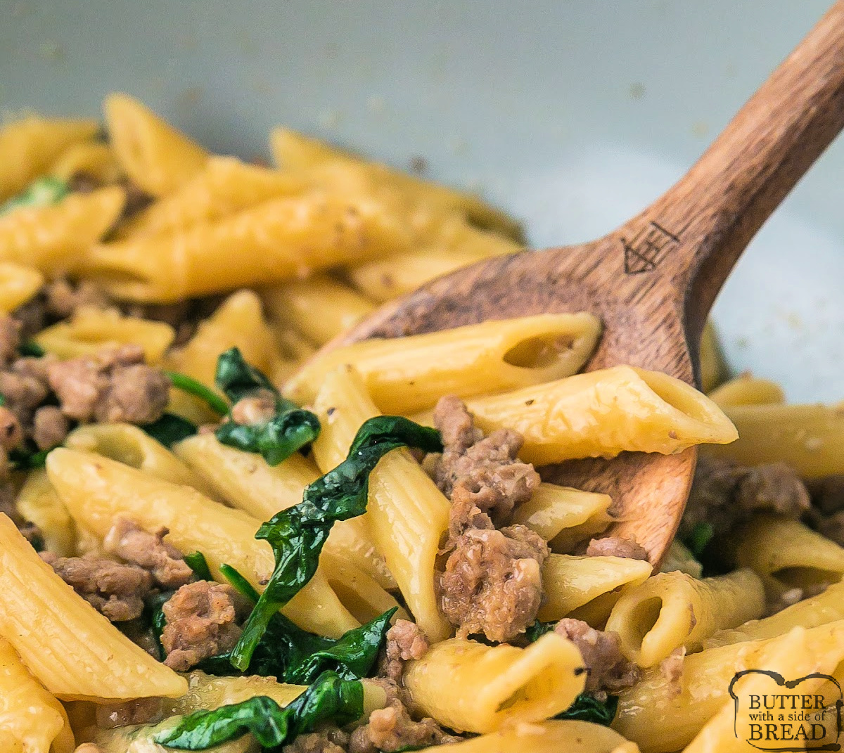 This Ground Turkey Pasta Skillet is a quick one-pan dinner with tender pasta, savory turkey, fresh spinach, and Parmesan cheese.