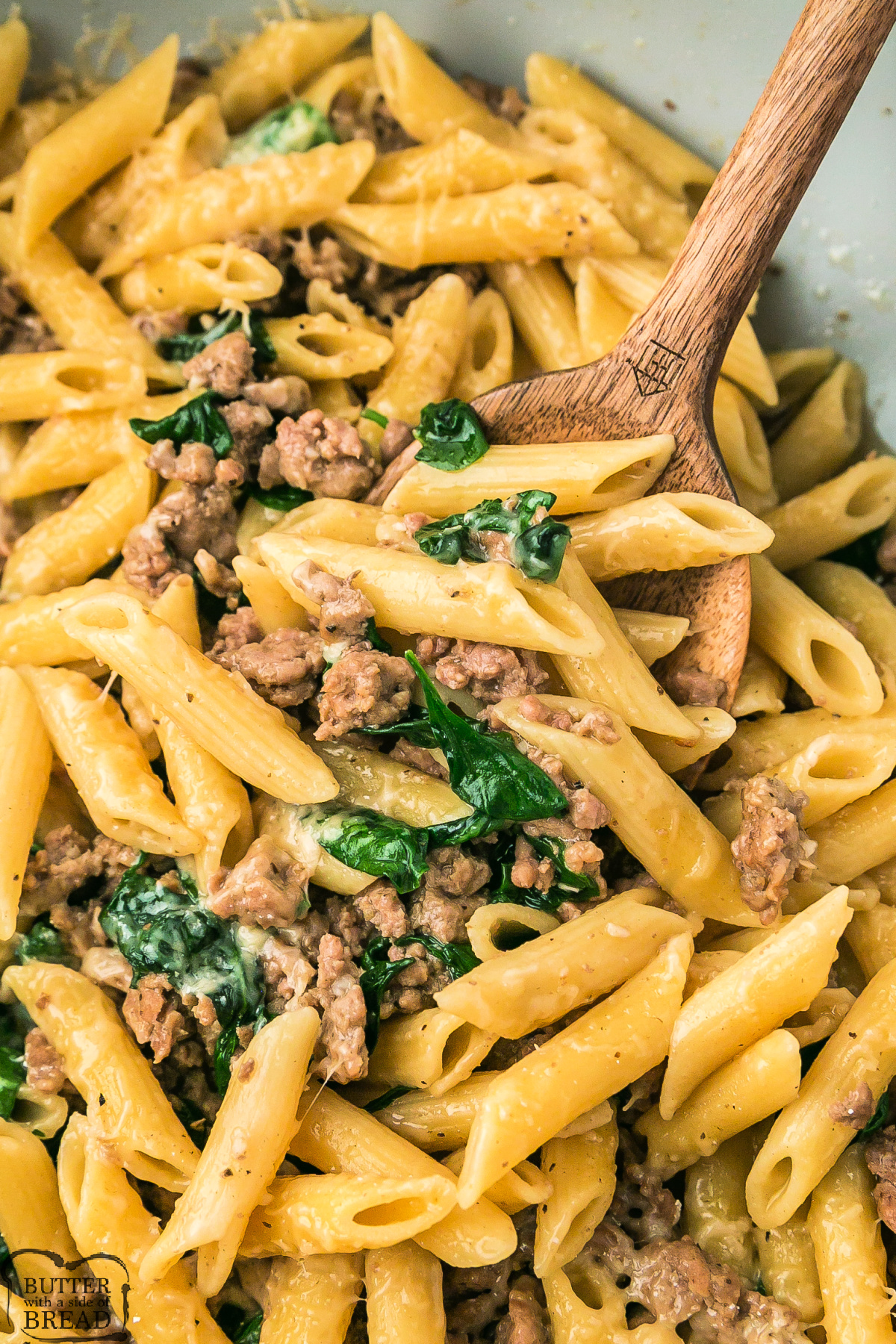 This Ground Turkey Pasta Skillet is a quick one-pan dinner with tender pasta, savory turkey, fresh spinach, and Parmesan cheese.