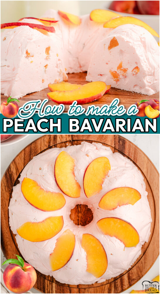 Peach Bavarian made with peaches, Jello, sugar & whipped topping! Simple, old fashioned dessert with lovely creamy peach flavor!