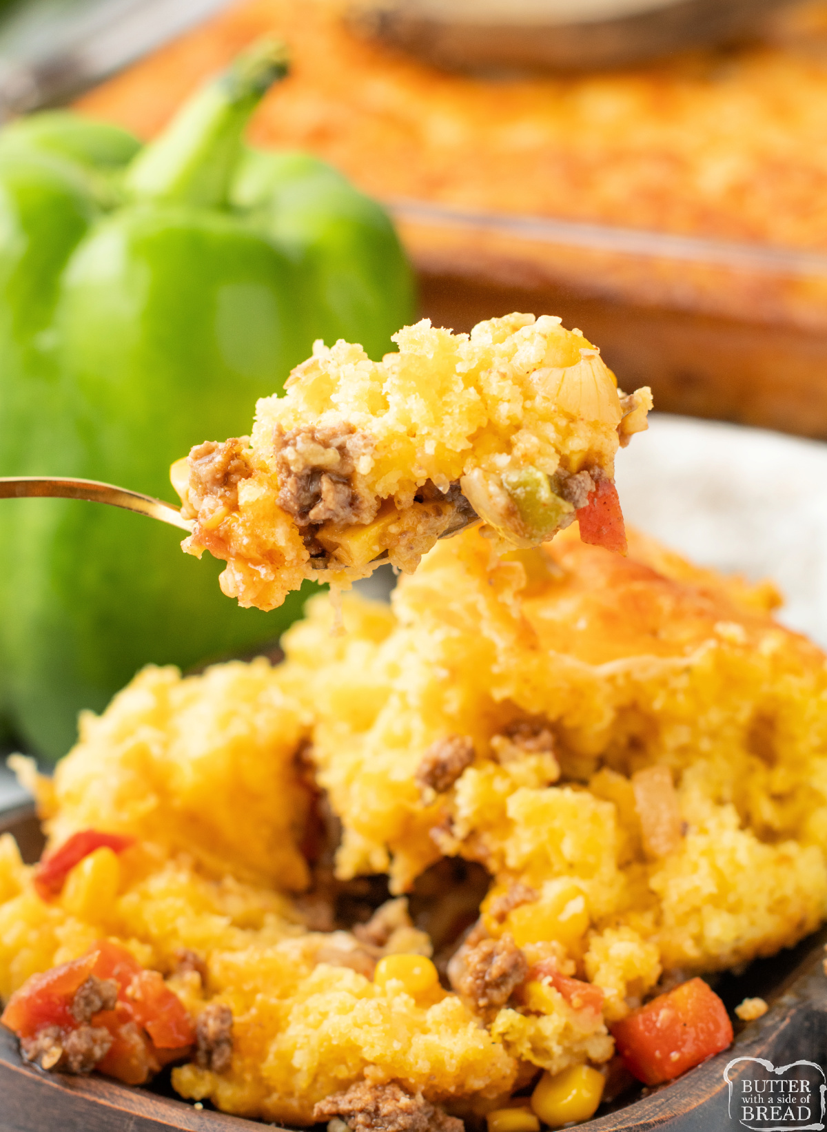 Forkful of Mexican Cornbread Casserole recipe.