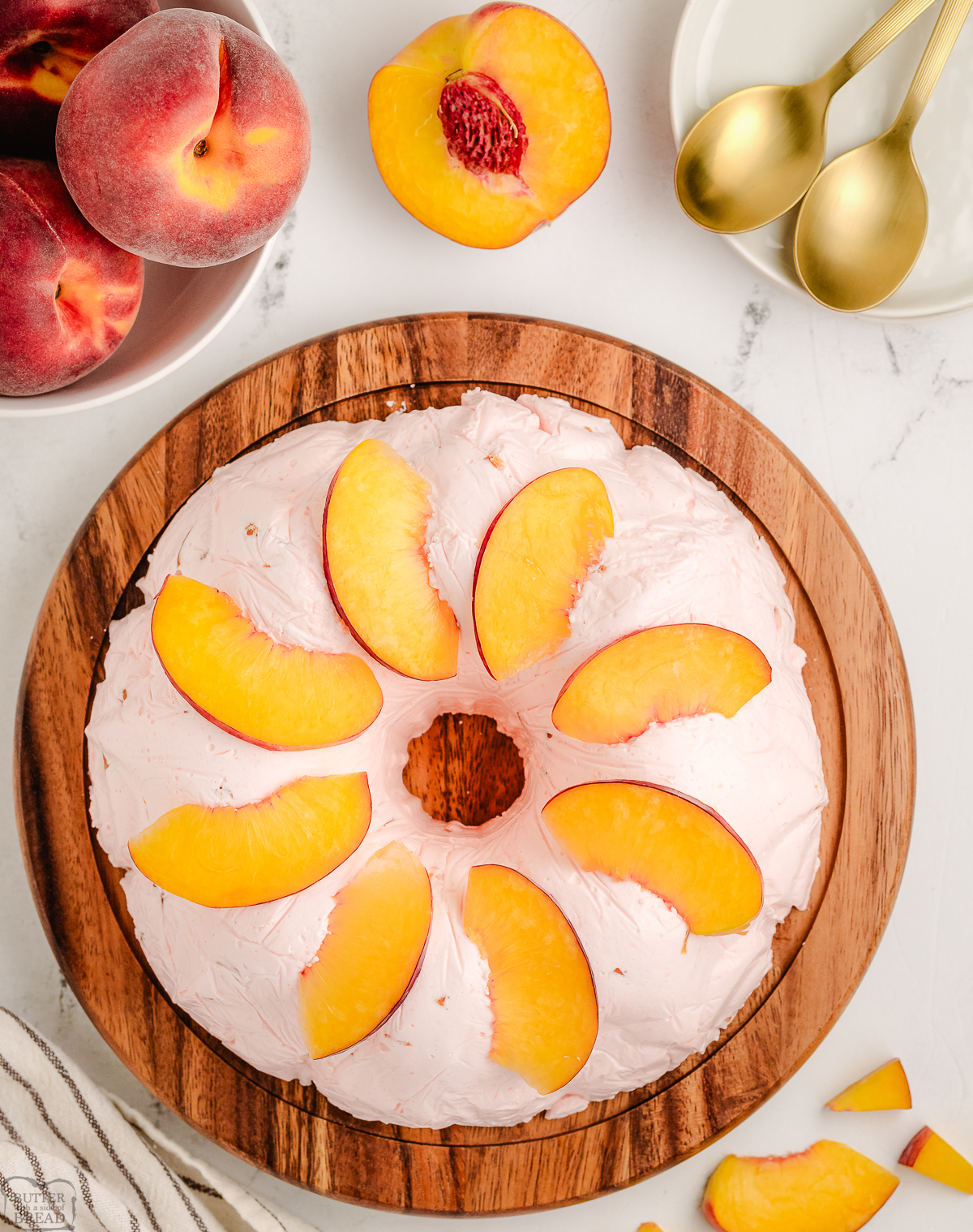 whole Peach Bavarian with slices peaches on top