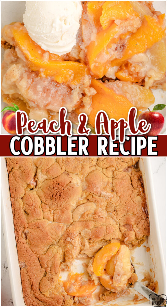 Apple & Peach Cobbler recipe made with cinnamon & nutmeg spiced fruit baked under a layer of buttery brown sugar topping! Incredible cobbler with great fruit flavor.