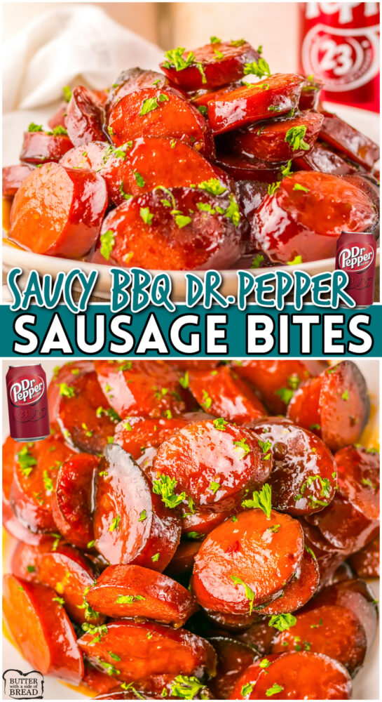 Saucy Dr. Pepper BBQ Sausage Bites made with just 5 ingredients: smoked sausage, BBQ sauce, Dr. Pepper & onion powder for a sweet & tangy appetizer everyone loves!