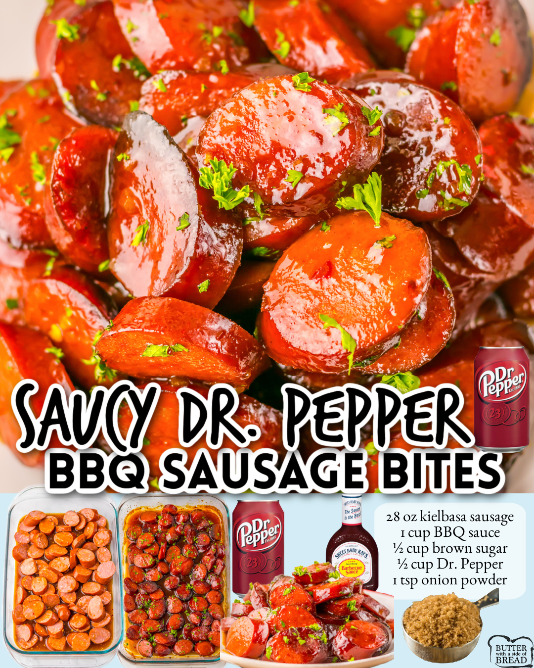 Saucy Dr. Pepper BBQ Sausage Bites made with just 5 ingredients: smoked sausage, BBQ sauce, Dr. Pepper & onion powder for a sweet & tangy appetizer everyone loves!