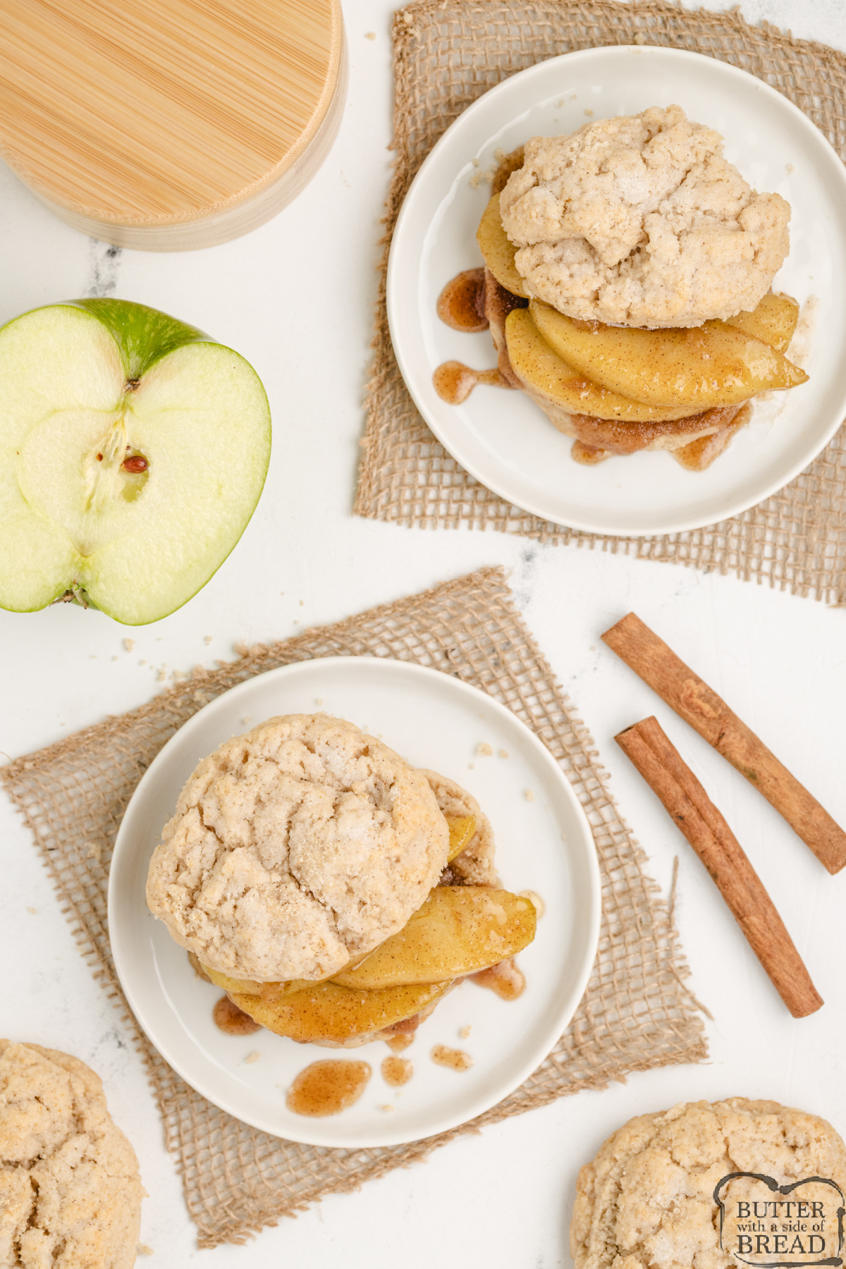 Golden brown apple cinnamon shortcakes with spiced apple filling.