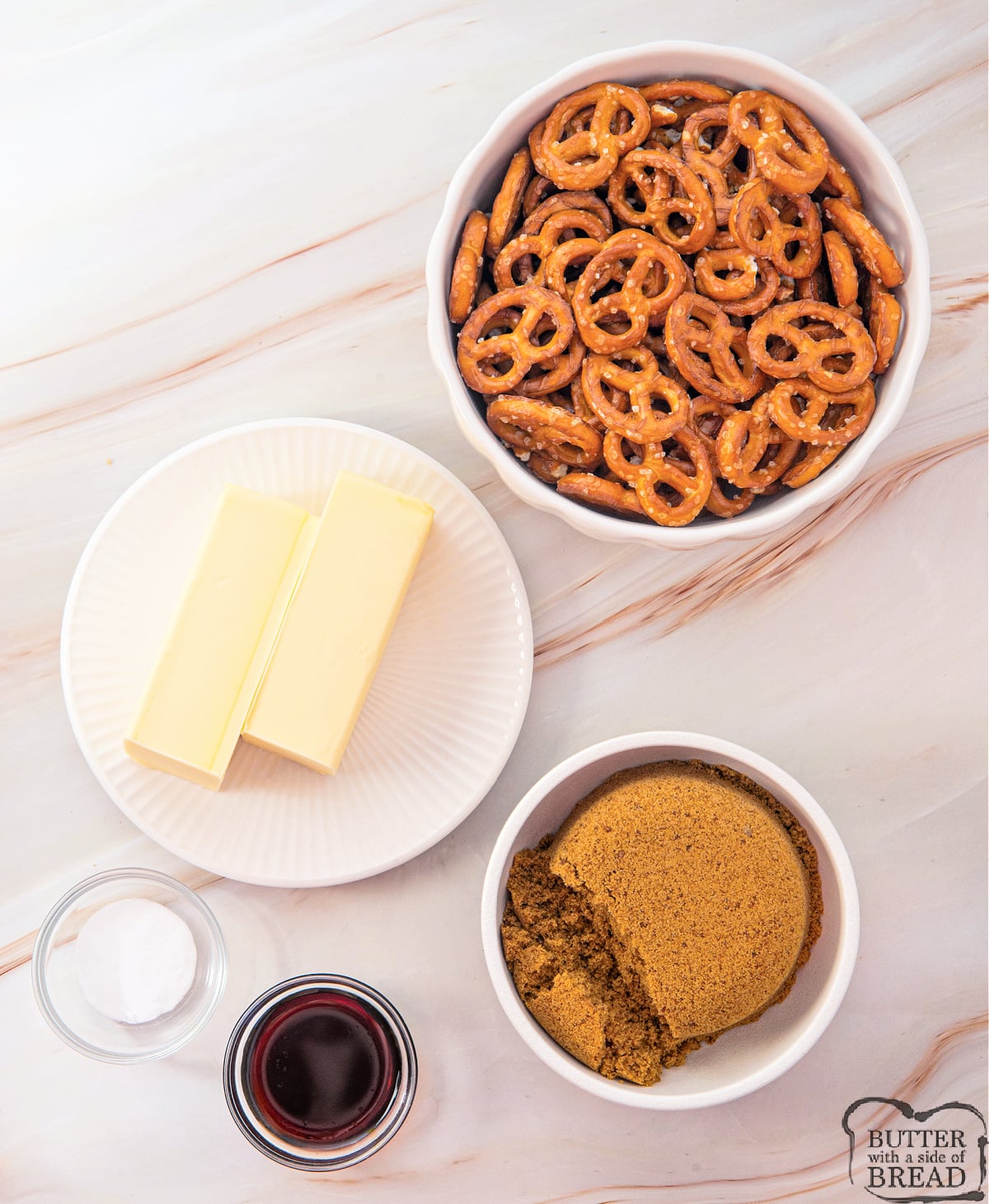 Ingredients in Butter Toffee Pretzels.