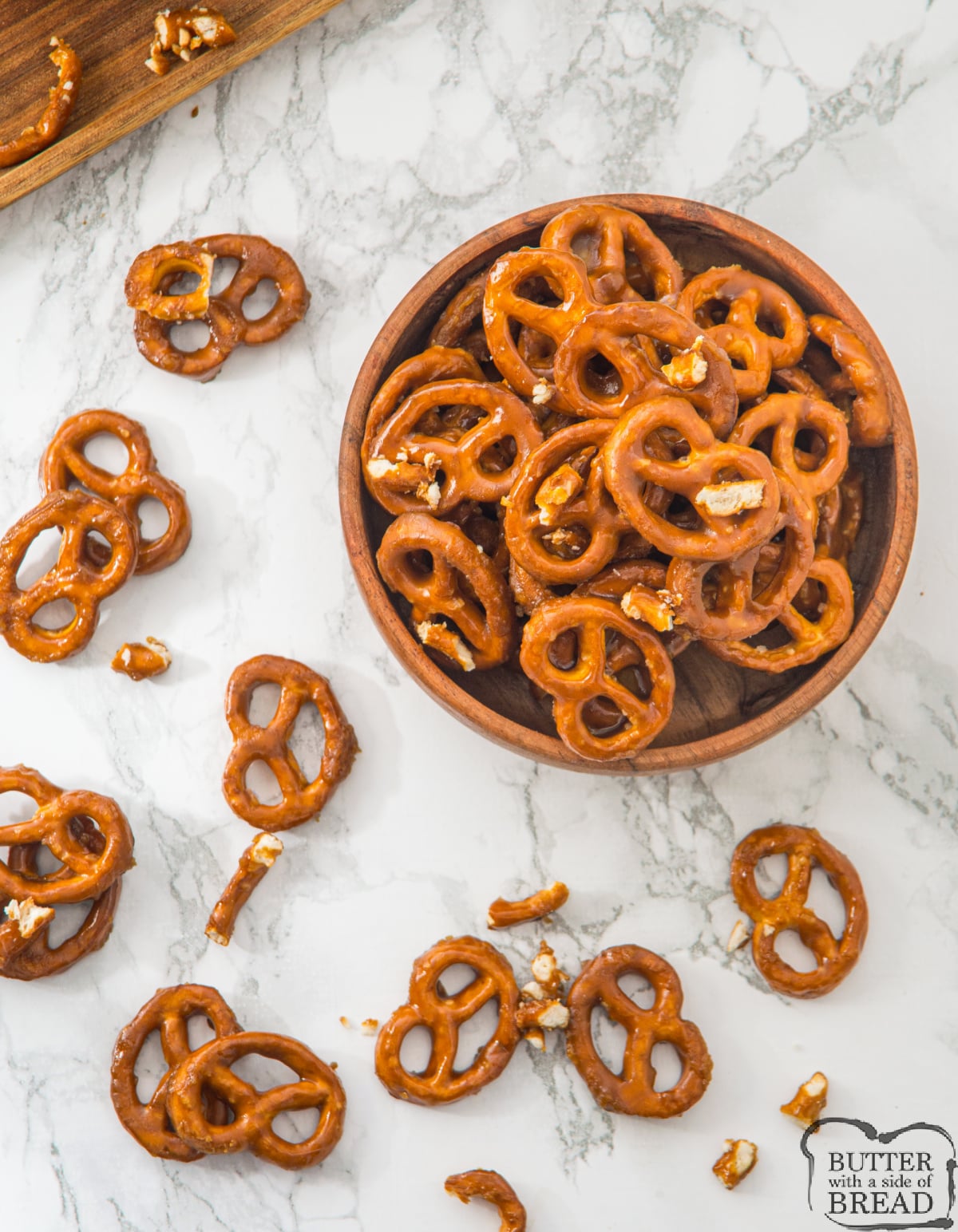 Sweet and salty butter toffee pretzels.