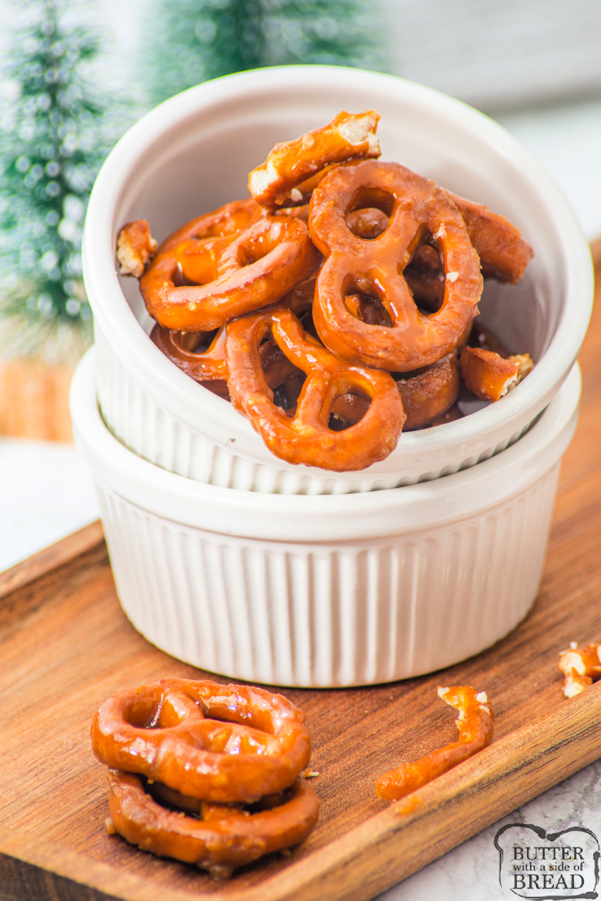Homemade toffee pretzels with brown sugar and butter glaze.