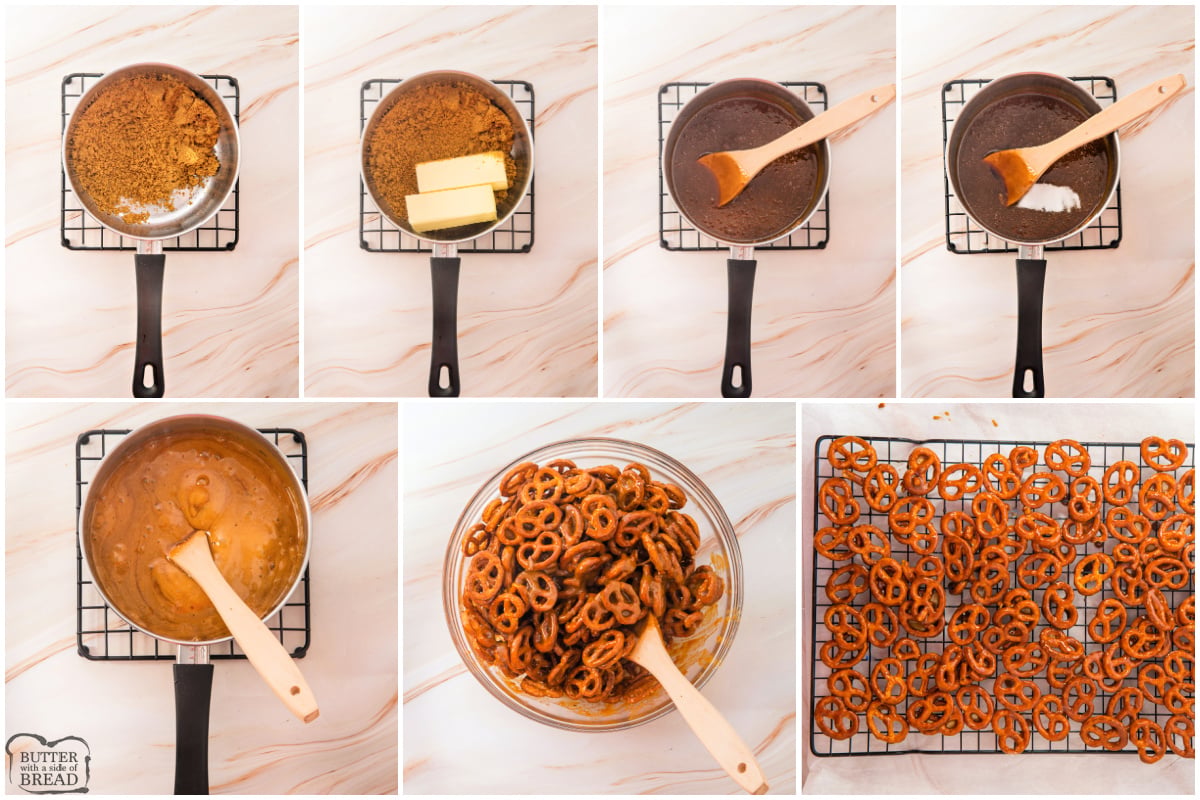 Step by step instructions on how to make Butter Toffee Pretzels.