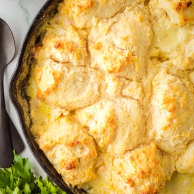chicken pot pie topped with cheddar bay biscuits