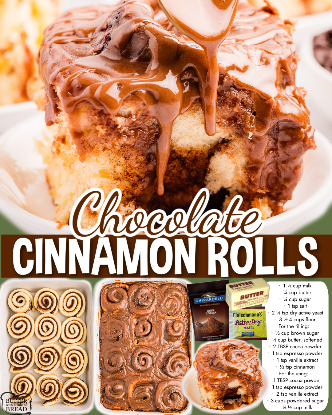 Homemade sweet rolls filled with spiced buttery brown sugar & topped with a delightful chocolate icing. Chocolate Cinnamon Rolls perfect for a special treat!