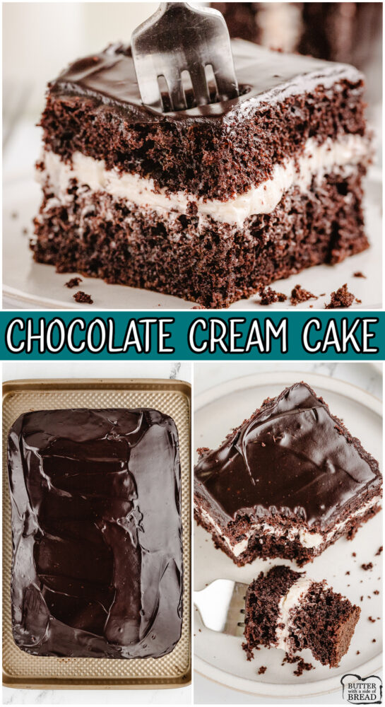 Chocolate Cream Cake starts with a boxed cake mix, layered with creamy vanilla filling & topped with a glossy chocolate glaze!