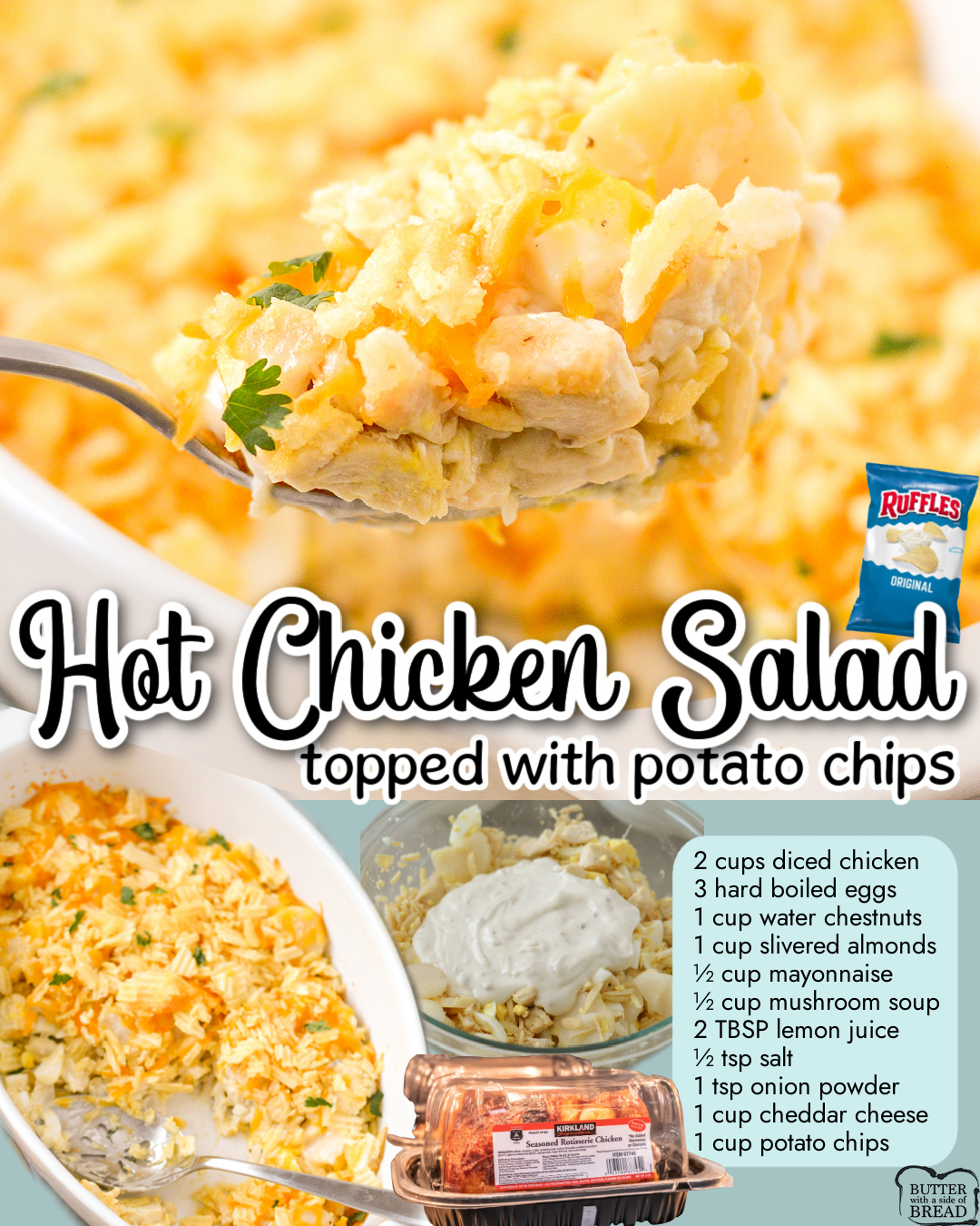 Hot Chicken Salad with Potato Chips on top is perfect for an easy casserole dinner! Tender chicken, hard boiled eggs, almonds, water chestnuts in a tangy sauce, all topped with cheese & chips.