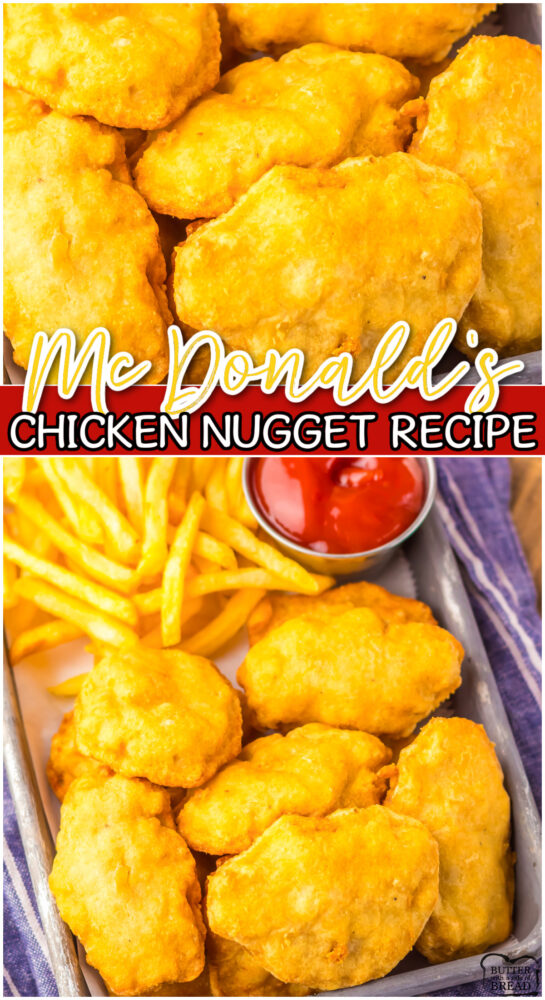 McDonald’s Copycat Chicken Nuggets are made with ground chicken, simple seasonings, & a crispy egg, cornstarch, flour coating. Make a big batch at home for an easy, drive-thru favorite!