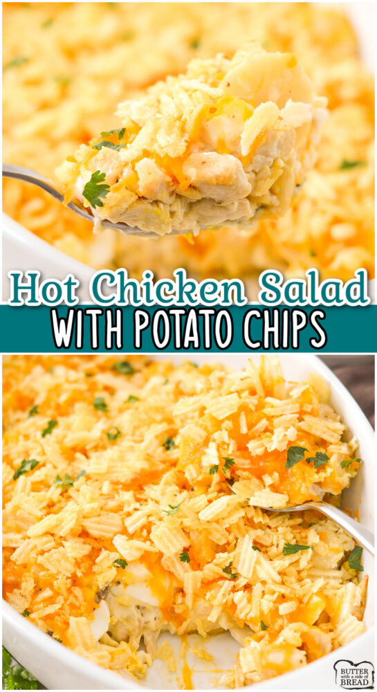 Hot Chicken Salad with Potato Chips on top is perfect for an easy casserole dinner! Tender chicken, hard boiled eggs, almonds, water chestnuts in a tangy sauce, all topped with cheese & chips.