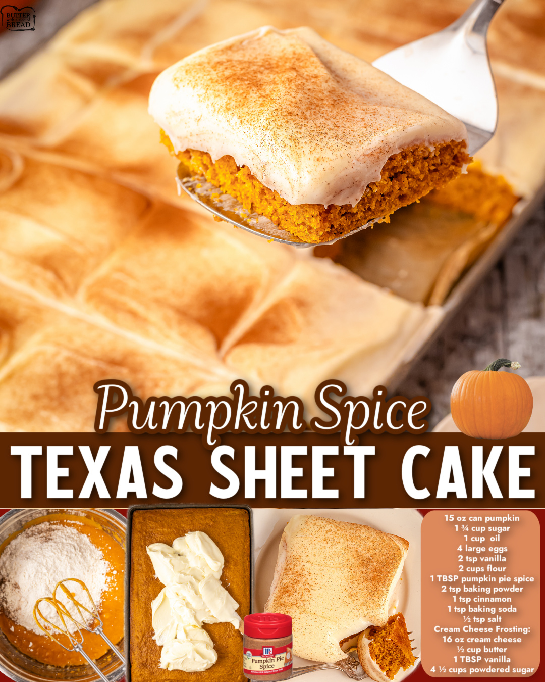 Pumpkin Texas Sheet Cake is a moist & flavorful pumpkin version of this classic dessert! Soft spiced cake topped with a tangy cream cheese icing everyone loves!