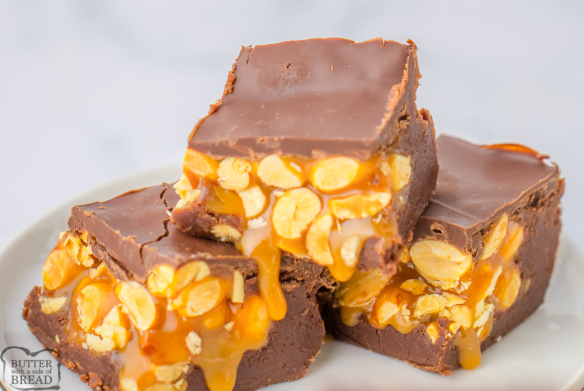 gooey Snickers fudge cut into squares