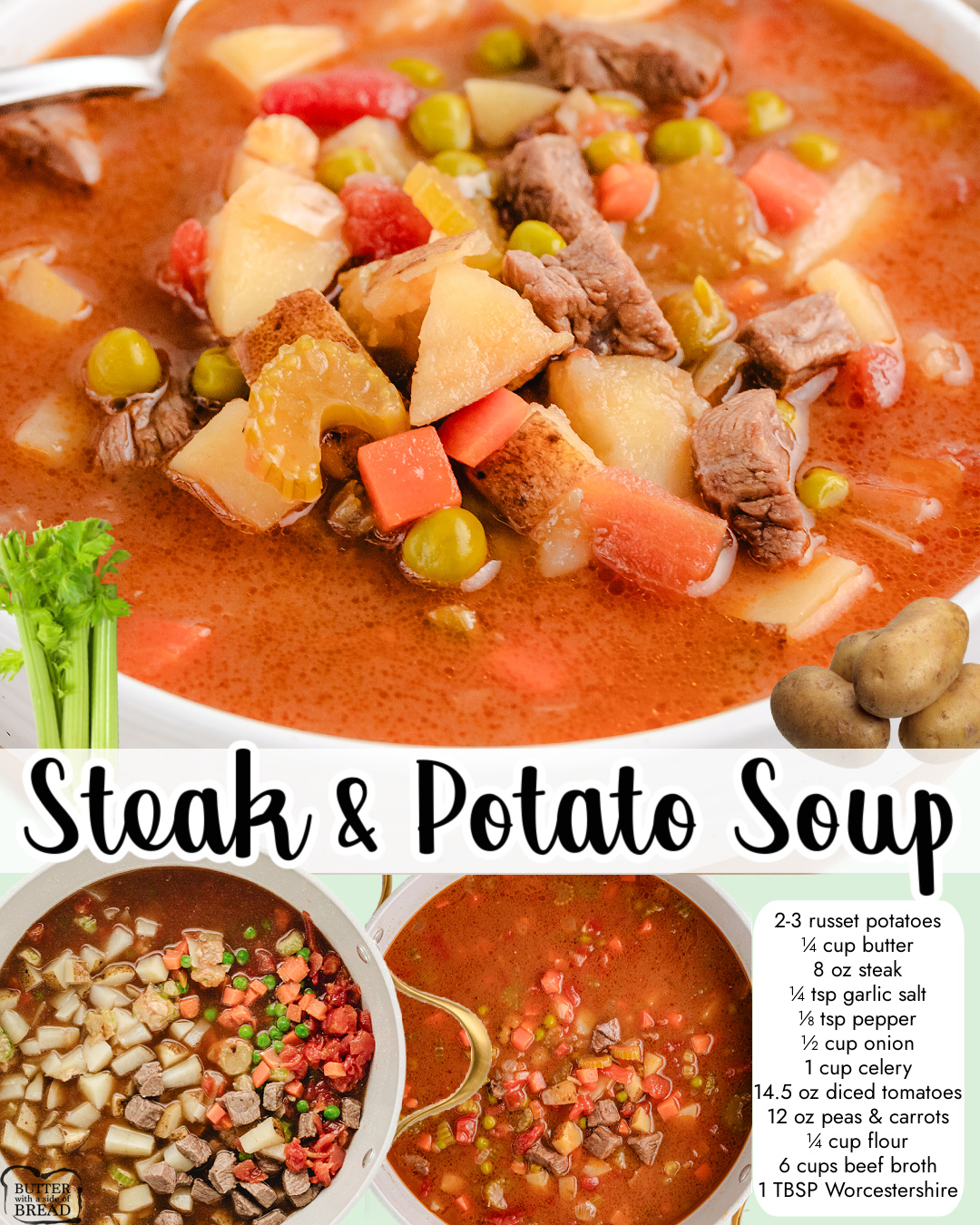 Steak and Potato Soup is a hearty dish perfect for chilly nights! Tender steak combined with potatoes, vegetables, & beef broth for a satisfying dinner that's even better the next day.