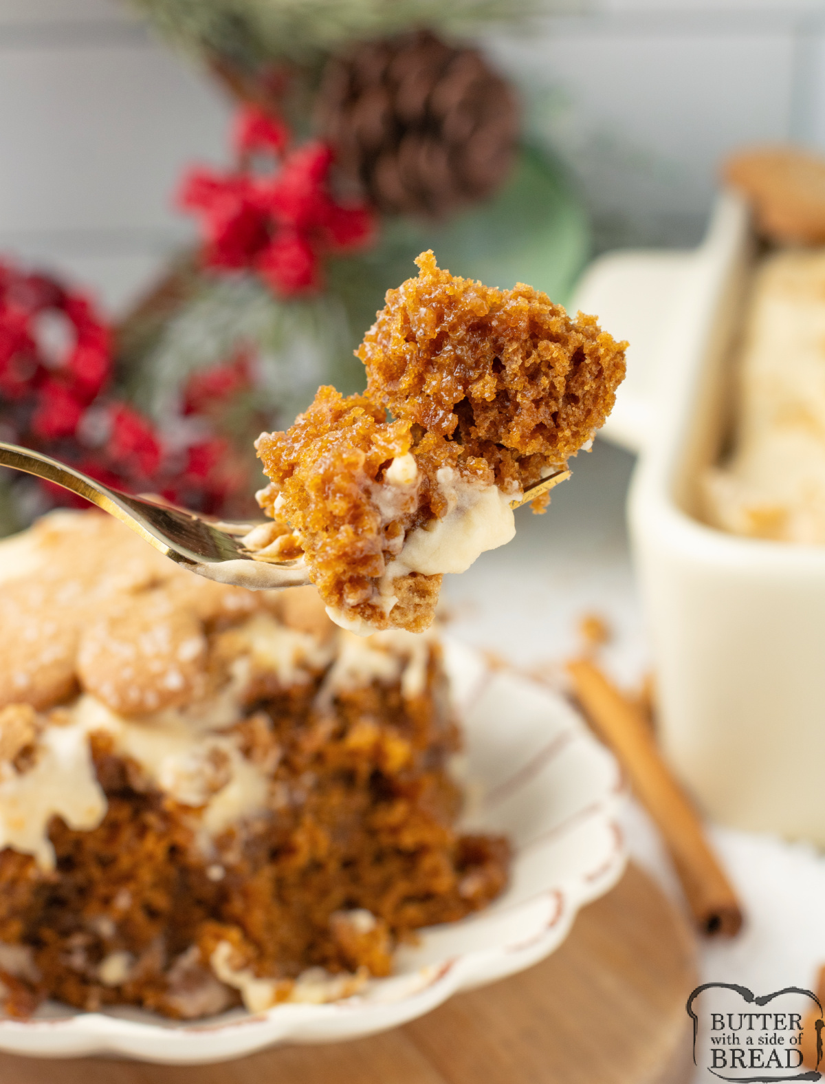 Bite of Gingerbread Poke Cake.