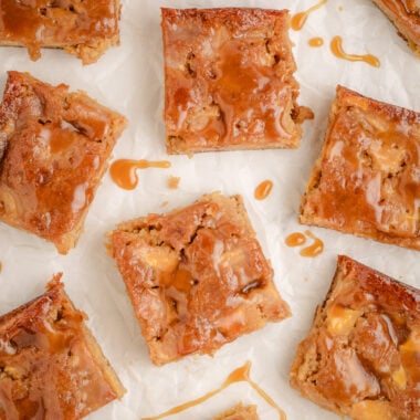 maple apple blondies cut on a tray