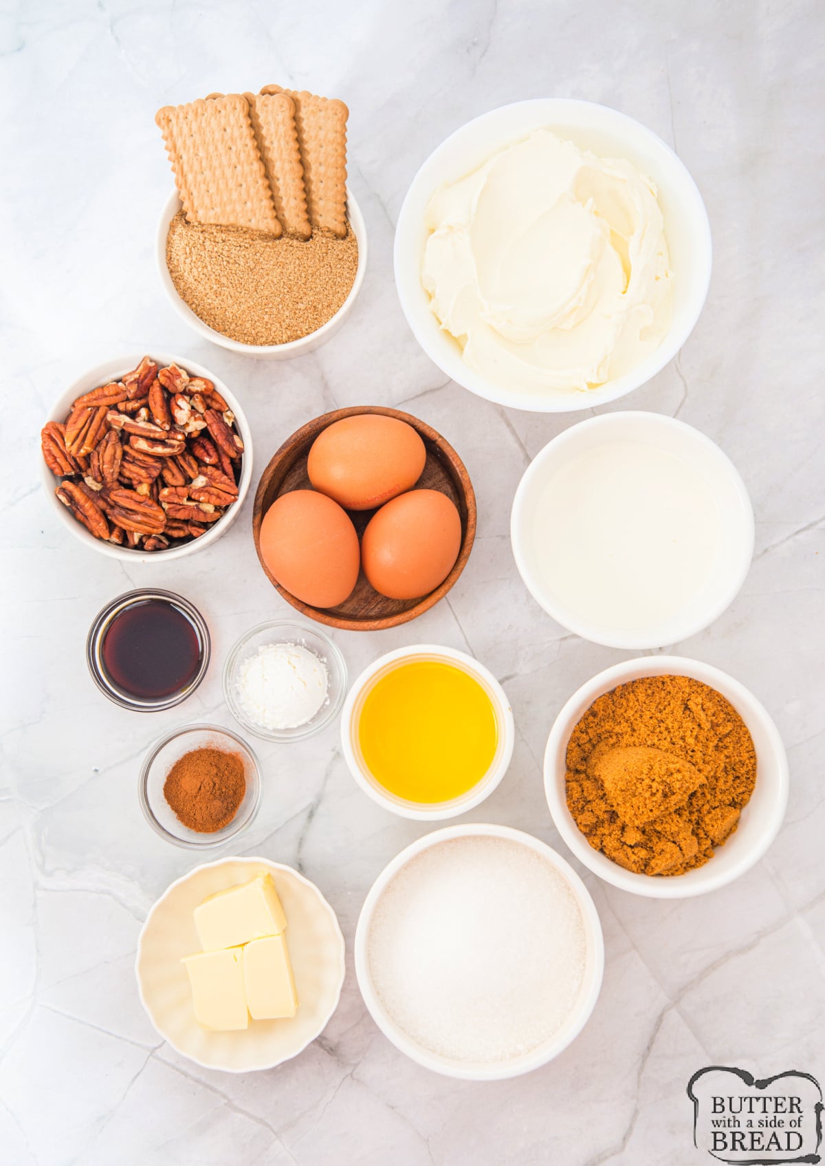 Ingredients in Mini Pecan Pie Cheesecakes.